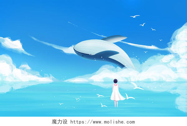 手绘小清新大海蓝天女孩与鲸插画海报背景蓝天插画